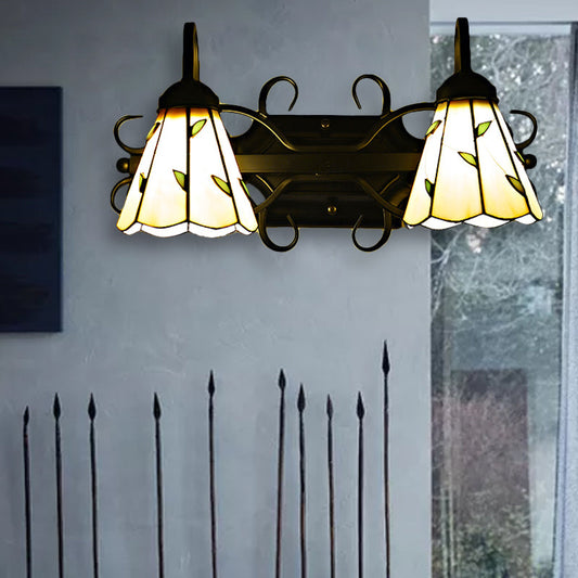 Frendorf | 2 Lichten Kegel Wandlamp Gevlochten Glazen Lodge Stijl Badkamer Vanity Licht in Beige