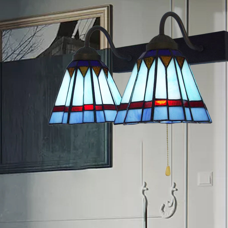 Frendorf | Middellandse Zee Cone Wandlamp 2 Hoofden Blauw Glas Wandmontage Licht met Trekschakelaar