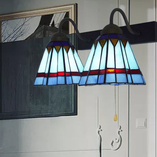 Frendorf | Middellandse Zee Cone Wandlamp 2 Hoofden Blauw Glas Wandmontage Licht met Trekschakelaar