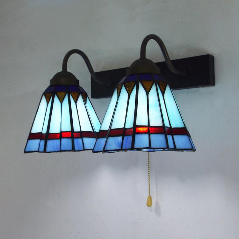 Frendorf | Middellandse Zee Cone Wandlamp 2 Hoofden Blauw Glas Wandmontage Licht met Trekschakelaar
