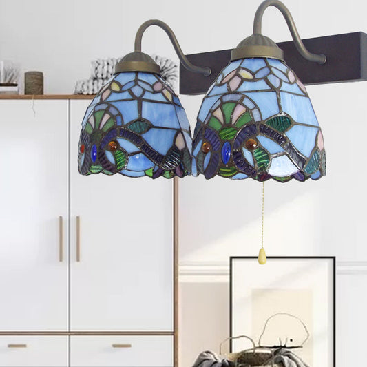 Frendorf | 2 Köpfe Schale Wandlicht Leuchte Barock Blau Glas Wandleuchte mit Zugschalter