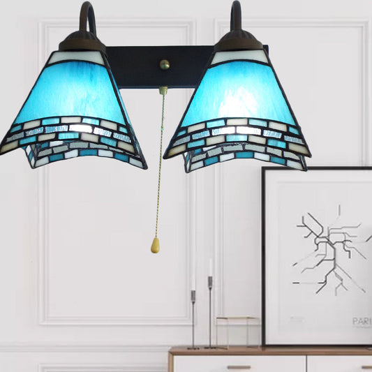 Frendorf | Mediterranean Pyramid Wandmontage Licht 2 Koppen Blaues Glas Wandleuchte mit Zugschalter