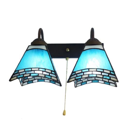 Frendorf | Mediterranean Pyramid Wandmontage Licht 2 Koppen Blaues Glas Wandleuchte mit Zugschalter
