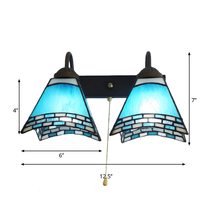 Frendorf | Mediterranean Pyramid Wandmontage Licht 2 Koppen Blaues Glas Wandleuchte mit Zugschalter