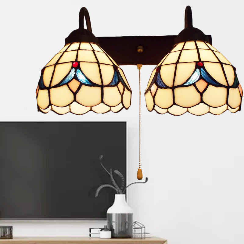 Frendorf | 2 Köpfe Kuppel Wandleuchte Tiffany Schwarz 2 Köpfe Beigem Glas Wandmontage Licht mit Zugkette