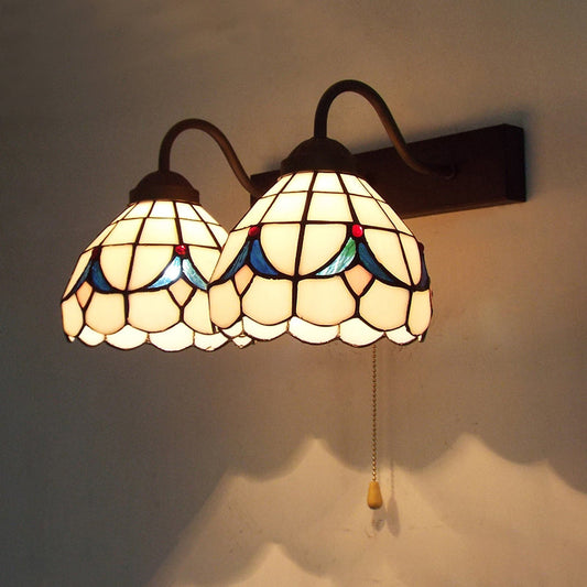 Frendorf | 2 Köpfe Kuppel Wandleuchte Tiffany Schwarz 2 Köpfe Beigem Glas Wandmontage Licht mit Zugkette