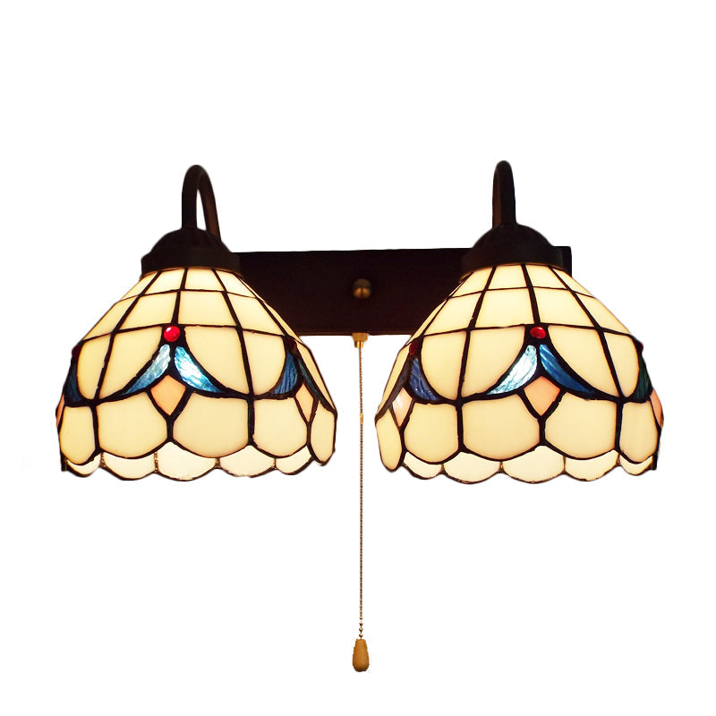 Frendorf | 2 Köpfe Kuppel Wandleuchte Tiffany Schwarz 2 Köpfe Beigem Glas Wandmontage Licht mit Zugkette
