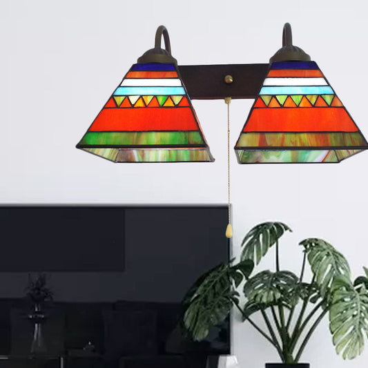 Frendorf | Pyramide Wandleuchte Tiffany Orange Glas 1 Kopf Schwarze Wandmontageleuchte mit Zugkette