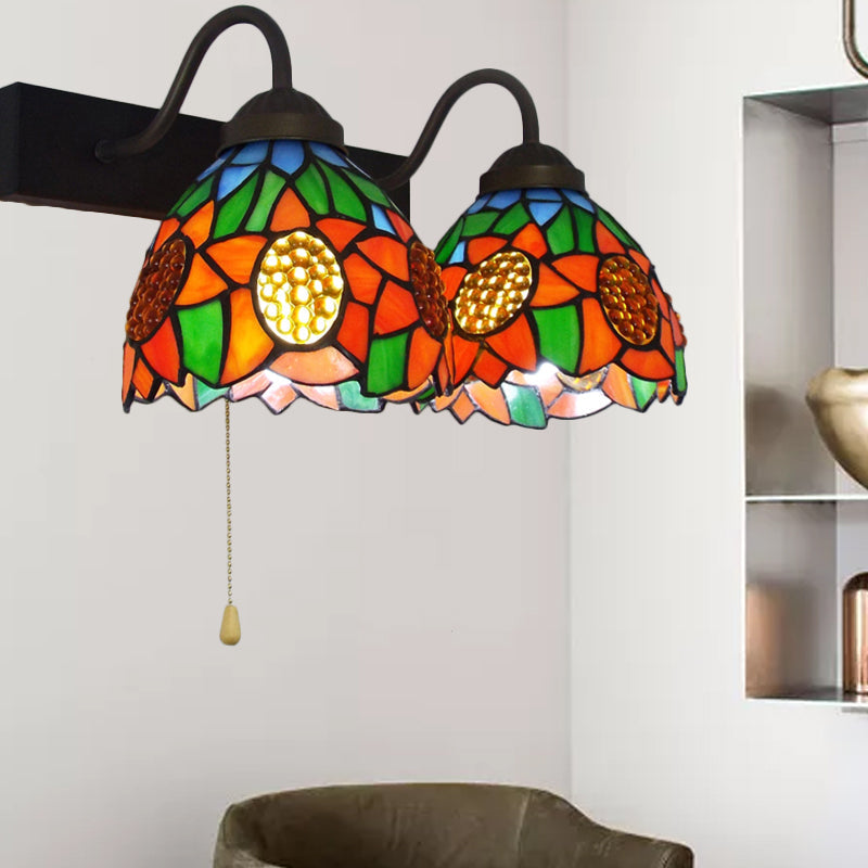 Frendorf | Oranger Glasdome Wandleuchte Barock 1 Kopf Schwarze Wandleuchte mit Zugkette