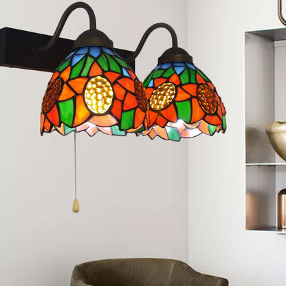 Frendorf | Oranger Glasdome Wandleuchte Barock 1 Kopf Schwarze Wandleuchte mit Zugkette