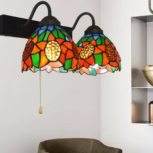 Frendorf | Oranger Glasdome Wandleuchte Barock 1 Kopf Schwarze Wandleuchte mit Zugkette