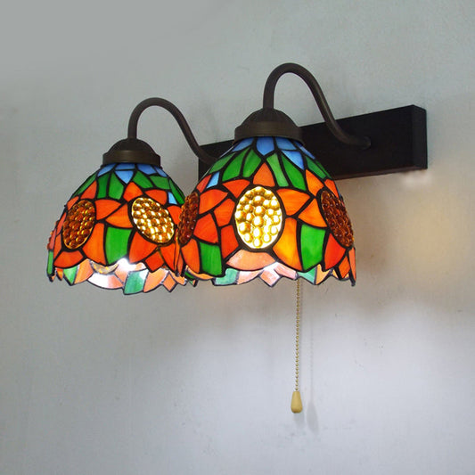 Frendorf | Oranger Glasdome Wandleuchte Barock 1 Kopf Schwarze Wandleuchte mit Zugkette