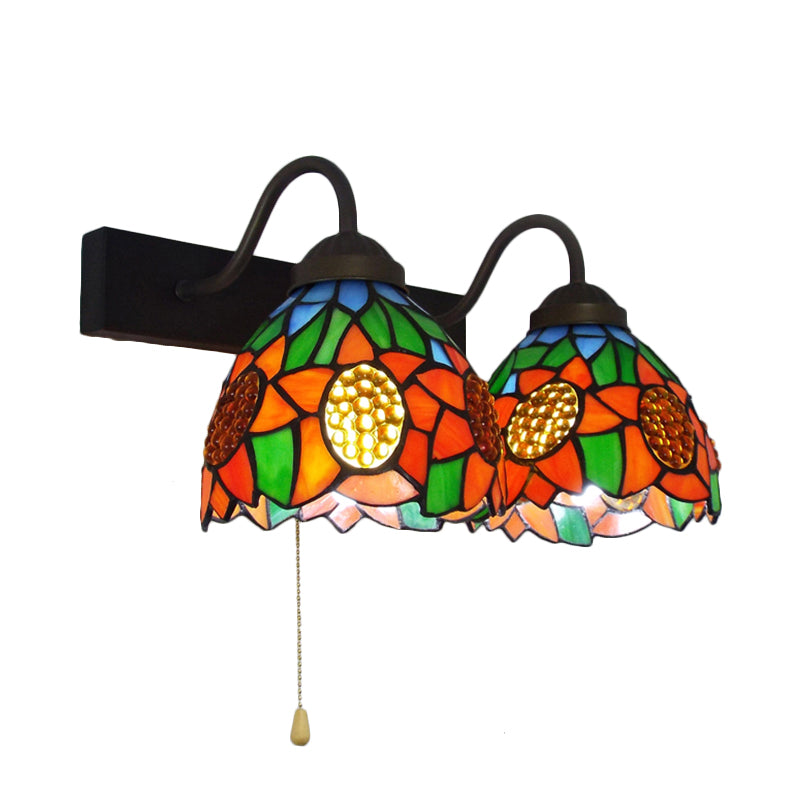 Frendorf | Oranger Glasdome Wandleuchte Barock 1 Kopf Schwarze Wandleuchte mit Zugkette