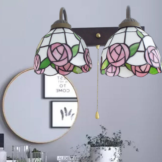 Frendorf | Rosenfarbene Wandlampe viktorianisches Buntglas 2 Köpfe schwarze Wandlampe mit Zugschalter