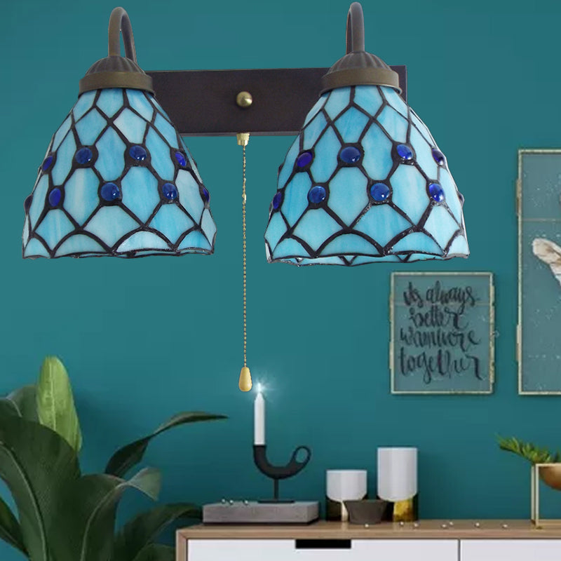Frendorf | Sky Blue Glass Bowl Sconce Lichtarmatuur Mediterraan 1 Kop Zwarte Wandlamp met Trekketting