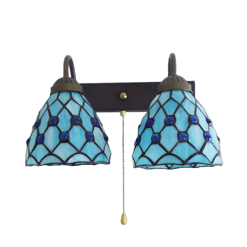 Frendorf | Sky Blue Glass Bowl Sconce Lichtarmatuur Mediterraan 1 Kop Zwarte Wandlamp met Trekketting