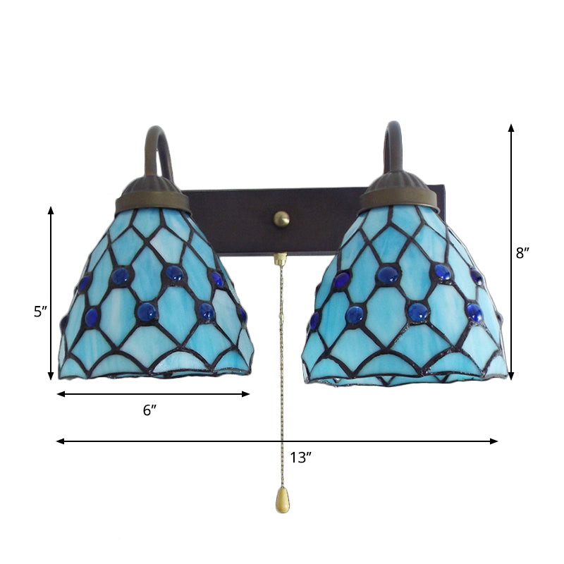Frendorf | Sky Blue Glass Bowl Sconce Lichtarmatuur Mediterraan 1 Kop Zwarte Wandlamp met Trekketting