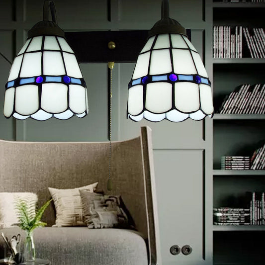 Frendorf | 1 Kopf Wandleuchte Tiffany Gittermuster Weißglas Wandmontierte Leuchte mit Zugkette