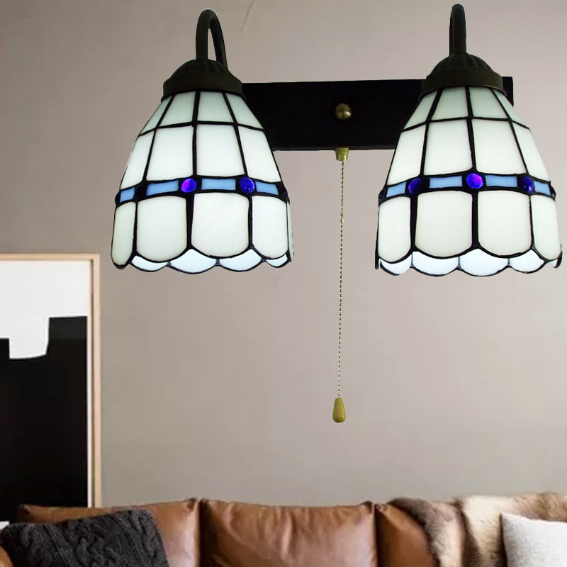 Frendorf | 1 Kopf Wandleuchte Tiffany Gittermuster Weißglas Wandmontierte Leuchte mit Zugkette
