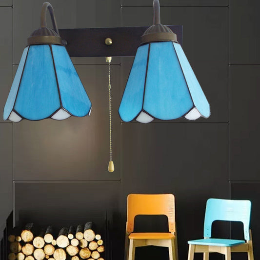 Frendorf | Blaues Glass Cone Wandlicht Mediterran 2 Köpfe Schwarze Wandleuchte mit Zugschalter