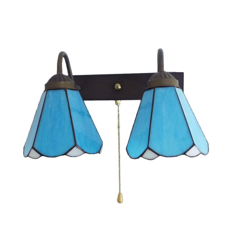 Frendorf | Blaues Glass Cone Wandlicht Mediterran 2 Köpfe Schwarze Wandleuchte mit Zugschalter