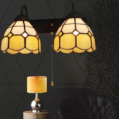 Frendorf | Dome Beige Glas Wandlamp Fixture Tiffany 2 Koppen Zwarte Wandlamp Verlichting met Trekhaak Schakelaar