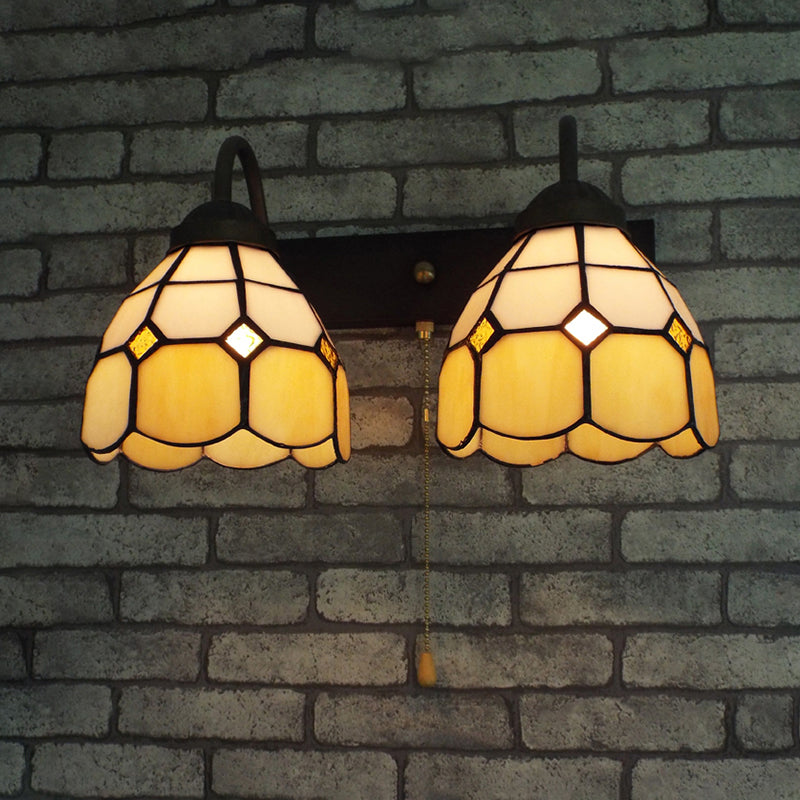 Frendorf | Dome Beige Glas Wandlamp Fixture Tiffany 2 Koppen Zwarte Wandlamp Verlichting met Trekhaak Schakelaar