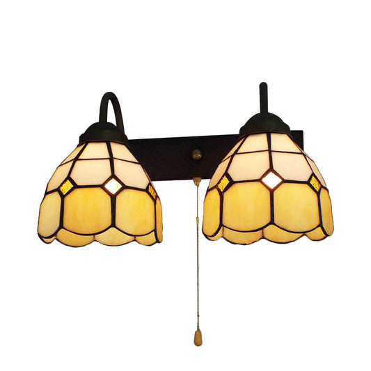 Frendorf | Dome Beige Glas Wandlamp Fixture Tiffany 2 Koppen Zwarte Wandlamp Verlichting met Trekhaak Schakelaar