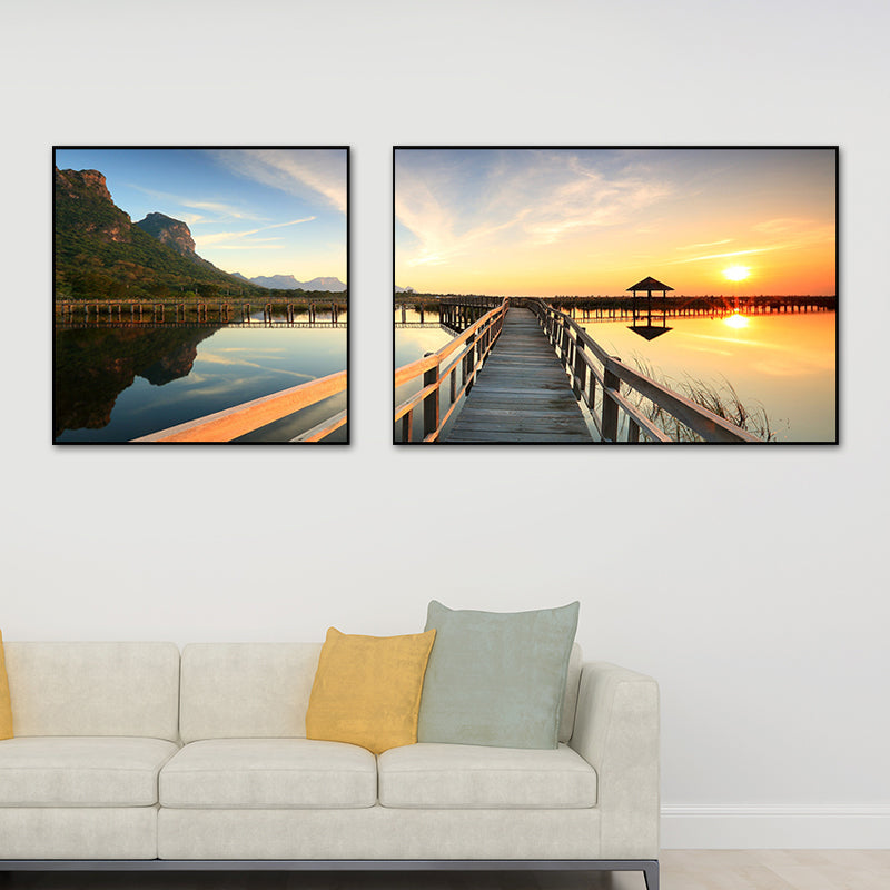 Frendorf | Tropics Sea Bridge Scenery Canvas Pastellfarbe Mehrteiliges Wandkunstdruck für das Wohnzimmer