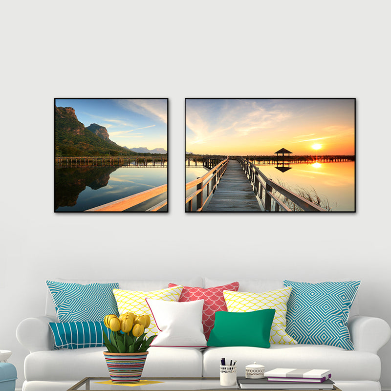 Frendorf | Tropics Sea Bridge Scenery Canvas Pastellfarbe Mehrteiliges Wandkunstdruck für das Wohnzimmer