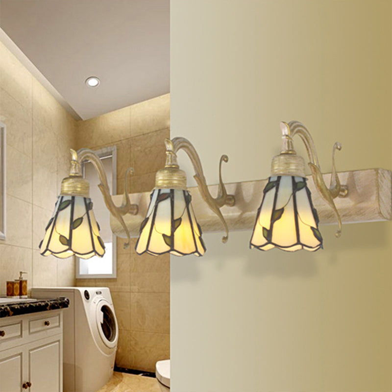 Frendorf | 3 Köpfe Blatt Vanity Licht Rustikaler Loft Buntglas Make-up Spiegel Licht mit Linearer Rückplatte in Kupfer/Antik Messing/Gold