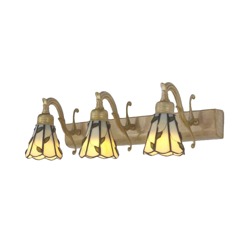 Frendorf | 3 Köpfe Blatt Vanity Licht Rustikaler Loft Buntglas Make-up Spiegel Licht mit Linearer Rückplatte in Kupfer/Antik Messing/Gold