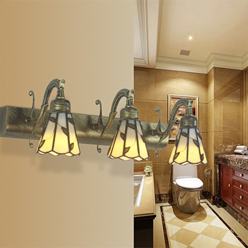 Frendorf | 3 Köpfe Blatt Vanity Licht Rustikaler Loft Buntglas Make-up Spiegel Licht mit Linearer Rückplatte in Kupfer/Antik Messing/Gold