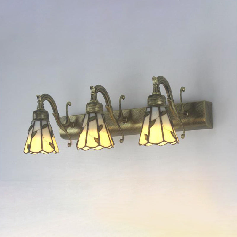 Frendorf | 3 Köpfe Blatt Vanity Licht Rustikaler Loft Buntglas Make-up Spiegel Licht mit Linearer Rückplatte in Kupfer/Antik Messing/Gold