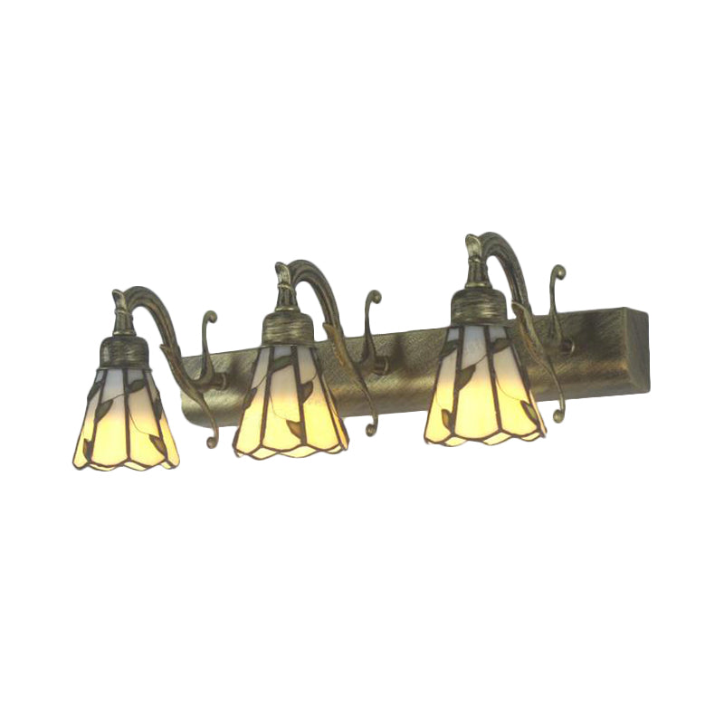 Frendorf | 3 Köpfe Blatt Vanity Licht Rustikaler Loft Buntglas Make-up Spiegel Licht mit Linearer Rückplatte in Kupfer/Antik Messing/Gold