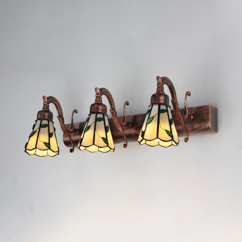 Frendorf | 3 Köpfe Blatt Vanity Licht Rustikaler Loft Buntglas Make-up Spiegel Licht mit Linearer Rückplatte in Kupfer/Antik Messing/Gold