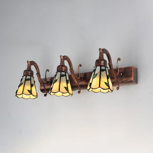 Frendorf | 3 Köpfe Blatt Vanity Licht Rustikaler Loft Buntglas Make-up Spiegel Licht mit Linearer Rückplatte in Kupfer/Antik Messing/Gold