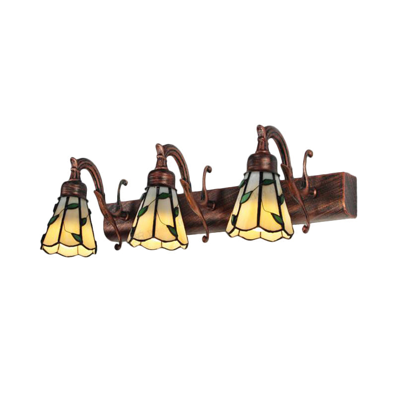Frendorf | 3 Köpfe Blatt Vanity Licht Rustikaler Loft Buntglas Make-up Spiegel Licht mit Linearer Rückplatte in Kupfer/Antik Messing/Gold