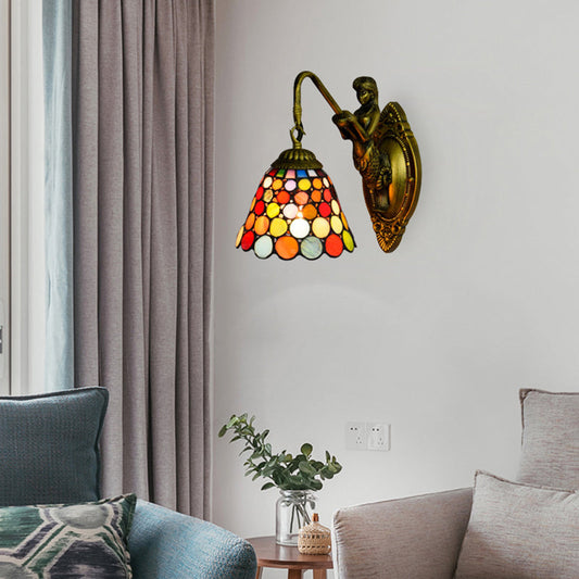 Frendorf | 1 Kopf Wandmontage Licht Tiffany Glocke Multicolor Buntglas Wandlampe Leuchte in Antikmessing