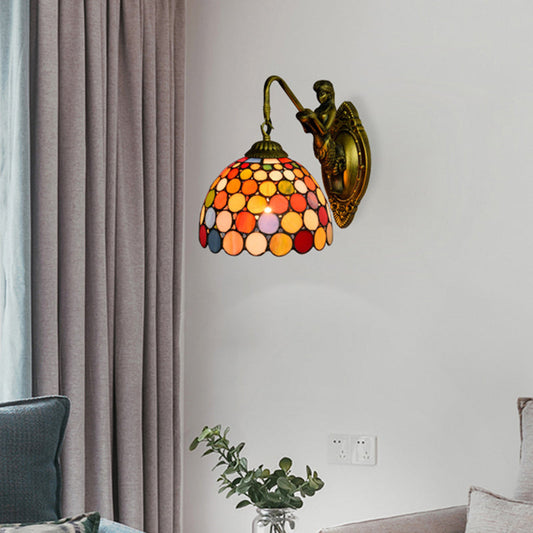 Frendorf | Antiek Messing 1 Kop Wandverlichting Tiffany Multikleur Gehard Glas Koepel Wandlamp