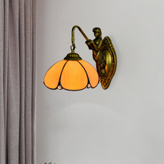 Frendorf | Antieke Messing Bloem Muurverlichting Fixture Tiffany 1 Hoofd Geel Glas Wandlamp met Zeemeermin Decoratie