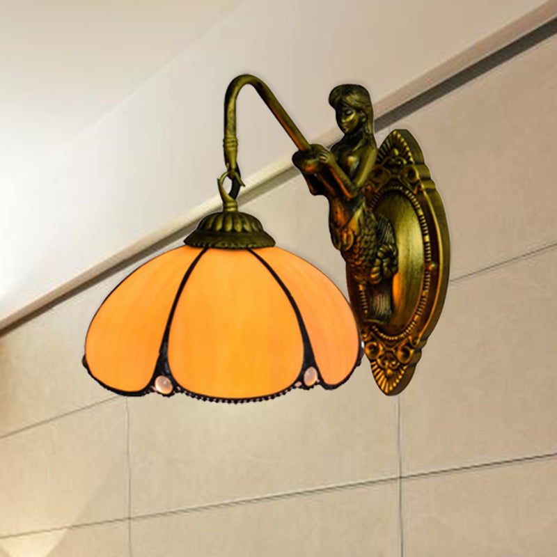 Frendorf | Antieke Messing Bloem Muurverlichting Fixture Tiffany 1 Hoofd Geel Glas Wandlamp met Zeemeermin Decoratie