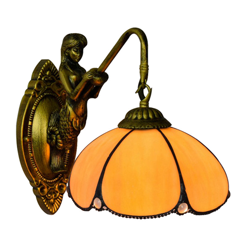 Frendorf | Antieke Messing Bloem Muurverlichting Fixture Tiffany 1 Hoofd Geel Glas Wandlamp met Zeemeermin Decoratie