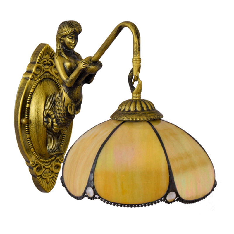 Frendorf | Antieke Messing Bloem Muurverlichting Fixture Tiffany 1 Hoofd Geel Glas Wandlamp met Zeemeermin Decoratie