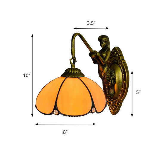 Frendorf | Antieke Messing Bloem Muurverlichting Fixture Tiffany 1 Hoofd Geel Glas Wandlamp met Zeemeermin Decoratie