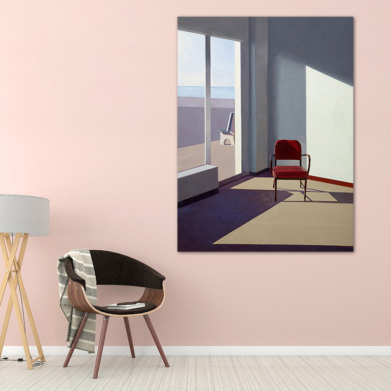 Frendorf | Blaue Nordische Wandkunst Mischtechnik Raum mit Stuhl Leinwanddruck für die Inneneinrichtung des Hauses