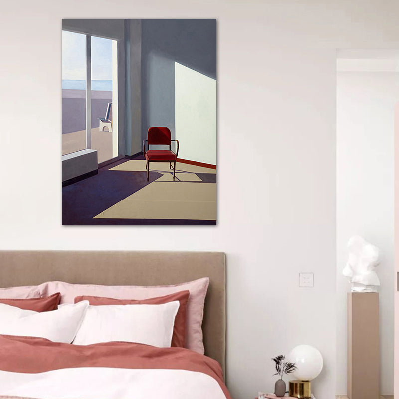 Frendorf | Blaue Nordische Wandkunst Mischtechnik Raum mit Stuhl Leinwanddruck für die Inneneinrichtung des Hauses