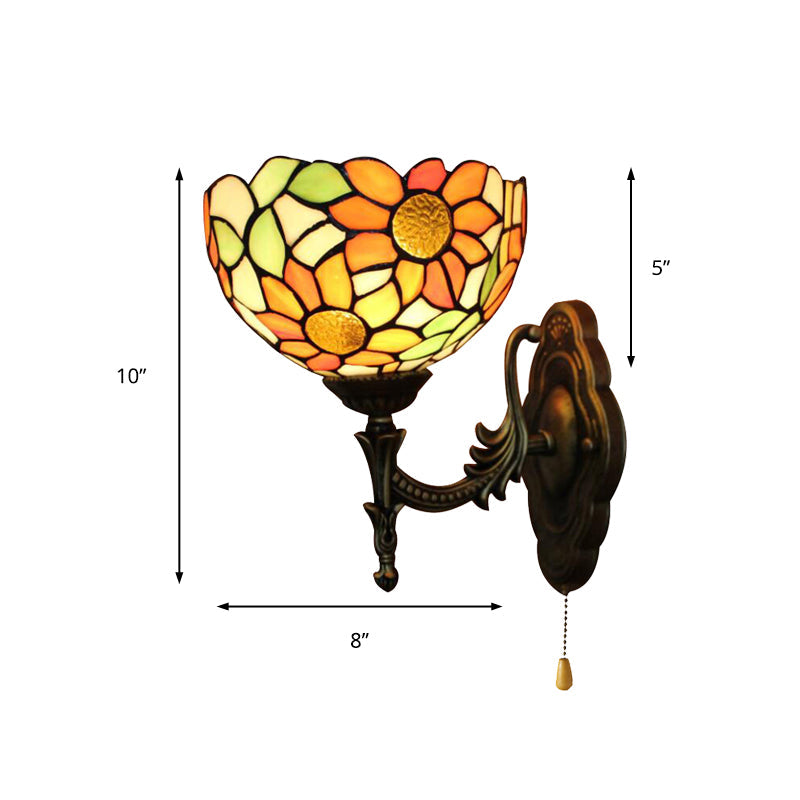 Frendorf | Glas-in-lood Zonnebloem Wandlamp 1 Licht Rustieke Tiffany Wandlamp in Oranje voor Bibliotheek