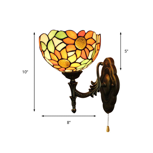 Frendorf | Glas-in-lood Zonnebloem Wandlamp 1 Licht Rustieke Tiffany Wandlamp in Oranje voor Bibliotheek
