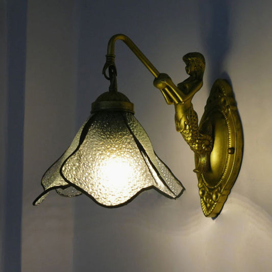 Frendorf | 1 Kopf Blüten Wandmontage Beleuchtung Tiffany Blau/Klar/Rosa Glas Wandlampe mit Meerjungfrauen Rückplatte